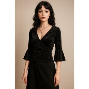 Vintage NWT Black Velvet Wrap Top Bell Sleeve Witchy Whimsigoth Y2K Halloween